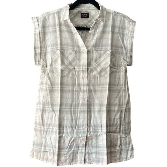 NWOT UNTUCKit Women's Villefranche Plaid Button Up Shirt Cap Sleeve Gray Size 10 - Picture 1 of 10